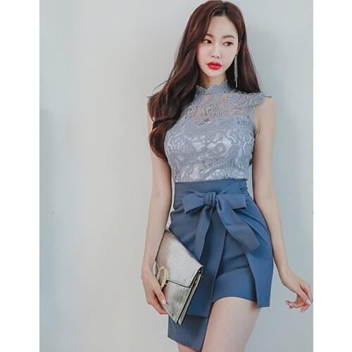 2021 Spring Summer Sleeveless Lace Blouse Bowknot Irregular Mini Skirt Two Piece Sexy Bodycon Sets Solid Suit Dress