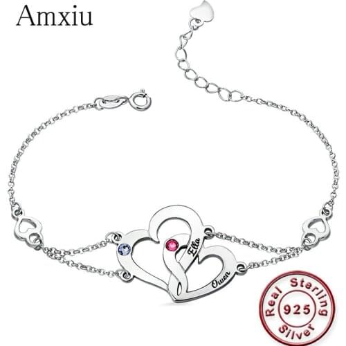 Amxiu Custom Two Names Hearts Bracelets 925 Sterling Silver Bracelet For Women Girls Daily Jewelry Personalized Valentines Gift
