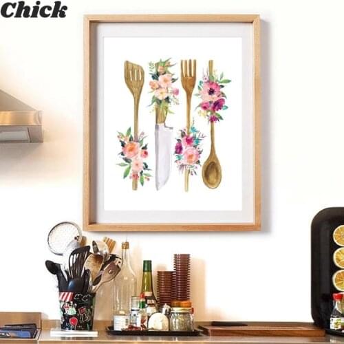 Floral Kitchen Utensil Print Kitchen Wall Art Decor Wooden Utensil Art Canvas Painting Wall Picture Poster Home Decoration