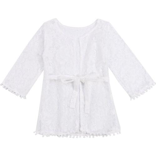 Kids Coat, Summer Lace Floral Round Neck Long Sleeve Smock with Waist Belt for Girls, White, 6 Months-5 Years