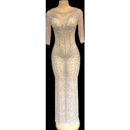 Mesh Flower printed Rhinestone long Dress Womens Evening Party Perspective Luxurious Dress Prom Birthday Celebrate Dresses