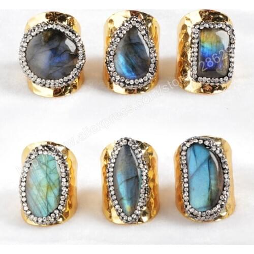 BOROSA New Fashion 5Pcs/lot Gold Color Natural Labradorite Cuff Ring Gems Women Ring with Zircon 129