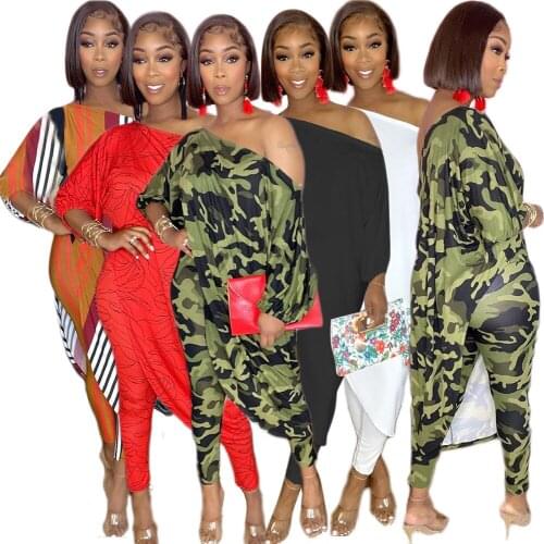 Echoine Oblique shoulder Sexy Irregular Long Shirt Top and Pants Set Split Off Shoulder T-shirt 2 Piece Set Party Night Outfits