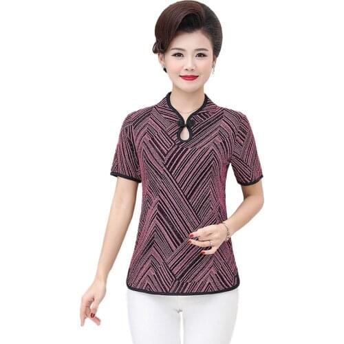 Short Sleeve Slim Pullover T-shirt XL-5XL Mother Tops 2021 Summer New Casual Plus Size Women Stripe Tee Chinese Style