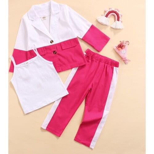 Fashion Girls Autumn Clothes Sets 3pcs Patchwork Long Sleeve Suit Jacket+Camisole+Casual Long Pants Children Outfit