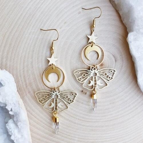 Moon Moth Quartz Earrings Luna Celestial Earrings Boho Earrings Wanderlust Jewelry