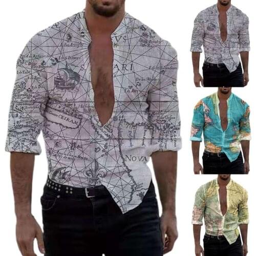 Casual Shirt Map Print Cool Breathable Long Sleeve Buttons Closure Men Shirt for Vacation