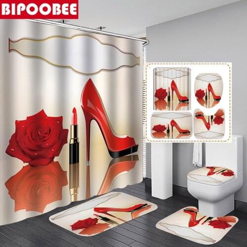 Red High Heels Bathroom Curtain Set Bath Mat Lipstick Rose Fashion Shower Curtains with Hooks Toilet Lid Cover Non-slip Rugs