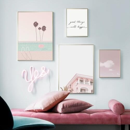 Pink Tree Cloud Palm Leaf House Seascape Wall Art Canvas Painting Nordic Posters And Prints Chic Fashion Pictures For Livingroom
