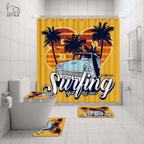 Retro Motorcycle Shower Curtain Sets Rugs Toilet Lid Cover and Bath Mat Bathroom Curtains Set