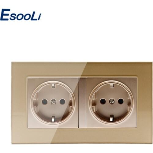 Esooli Gold Luxury glass panel Wall Power Dual Socket Plug Grounded, 16A EU Standard Electrical Double Outlet 146 mm * 86 mm
