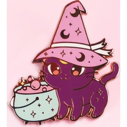 Cute Cat Witch Will Cast a Spell on You Brooch Pins Enamel Metal Badges Lapel Pin Brooches Jackets Jeans Fashion Accessories
