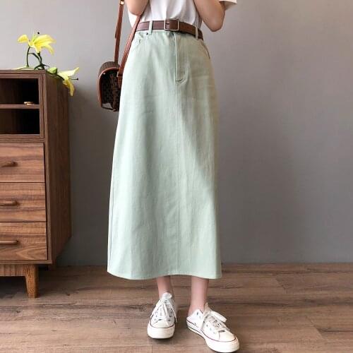 Luck A 2021 Retro Long Summer Denim Skirts Girls High Waist Button Pockets Split Jeans Straight Plus Size Maxi Denim Skirts