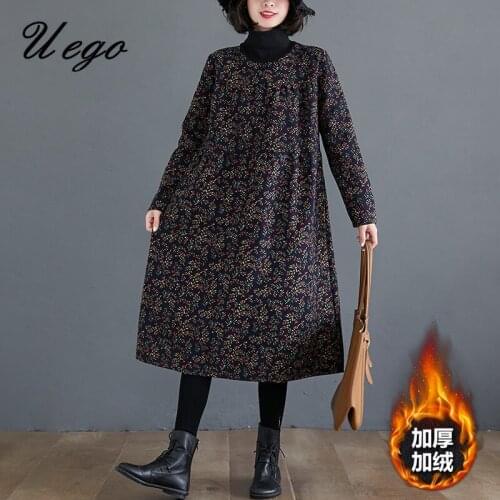 Uego Print Floral Vintage Women Dress Turtleneck Thicken Fleece Warm Autumn Winter Dress Linen Cotton Female Casual Midi Dresses