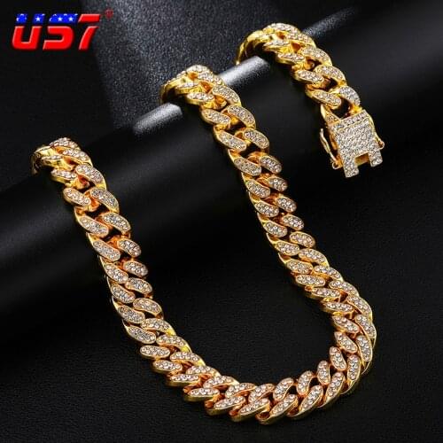 US7 13MM Miami Cuban Link Chain Necklaces&Bracelets Iced Out Crystal Rhinestones Hip Hop Necklaces for Men Women Jewelry
