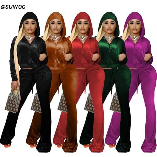 Gsuwoo Womens Velvet Hooded Jacket Flare Pants Set with Pockets Autumn Winter Retro Tracksuit Outfits Long Sleeve Clothes Suit