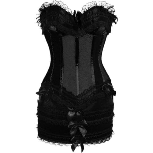 Women Corset Dress Plus Size Satin Lace Sexy Overbust Corset And Skirt Set S-6XL