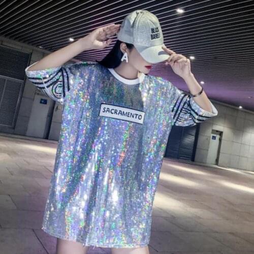 Summer Casual Straight Geometric High Street Fashion Elegant Round Neck Black Silver Cocktail Club Party Tshirt Sequin Dress