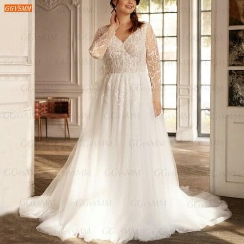 Elegant Long Sleeves Wedding Gowns 2021 V Neck vestido de noiva A Line Tulle Appliqued Bridal Dresses Customized robe de mariage