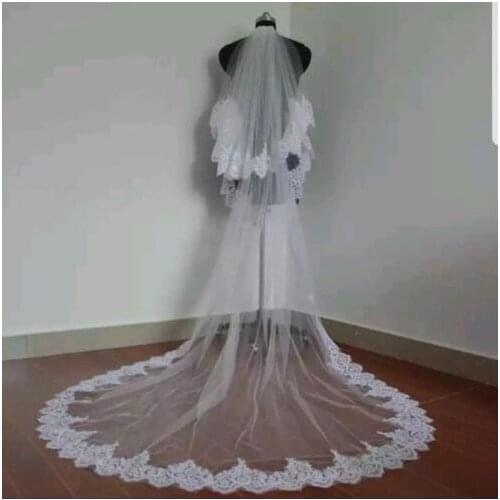 2 layer 3m high-end custom sequins lace bridal veil white beige wedding dress 3 m comb