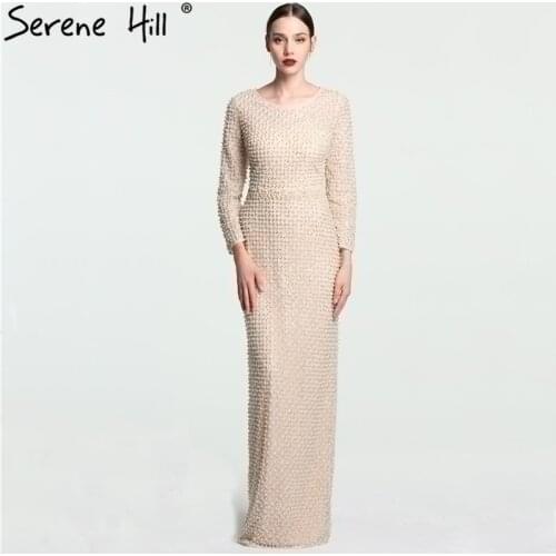 2020 Muslim Full Pearls Luxury Nude Evening Dresses Long Sleeves Evening Gowns LA6096