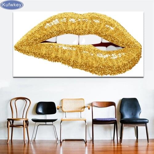 Kufwkey 5D DIY Diamond Painting Golden, Pink Lips Decorative Painting Full Square diamond mosaic Diamond Embroidery wall art