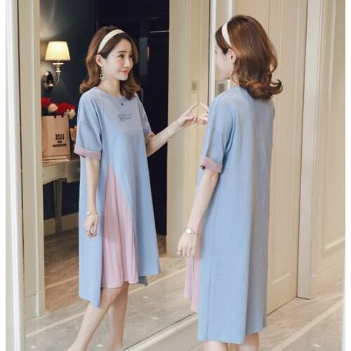 8812# Maternity Clothes Summer pleated Cotton Patchwork Short Sleeve Loose Stylish Dress for Pregnant Women Mom Dress