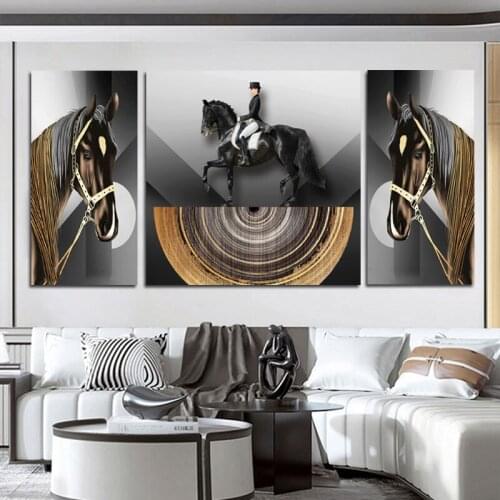 Saudi Classic Animal 3 Panels Painting Abstract Horse Canvas Poster Print Luxury Wall Pictures for Living Room Modern Home Decor