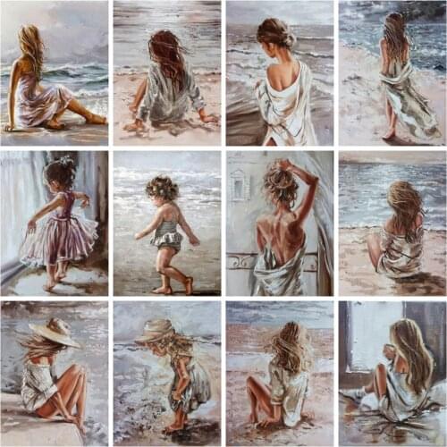 Huacan 5d Diy Diamond Painting Girl Child Diamond Mosaic Embroidery Seaside Portrait Home Decor Wall Stickers