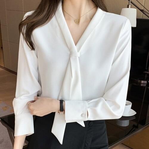 Long Sleeve White Blouse Chiffon Blouse Shirt Blouse Women Blusas Mujer De Moda 2021 Bow V-Neck Office Blouse Tops Blusa E203