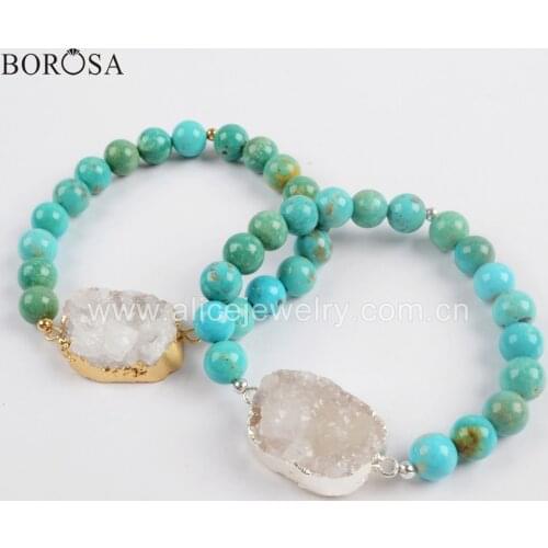 BOROSA 3PCS Gold/Silver Color Natural Agates Druzy With 8mm Blue Turquoises Beads Elastic Bracelet G1733 S1733