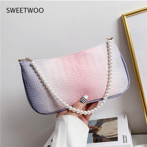 Fashion Women PU Leather Gradient Color Alligator Pattern Underarm Shoulder Bag Ladies Vintage Zipper Pearl Chain Handbag
