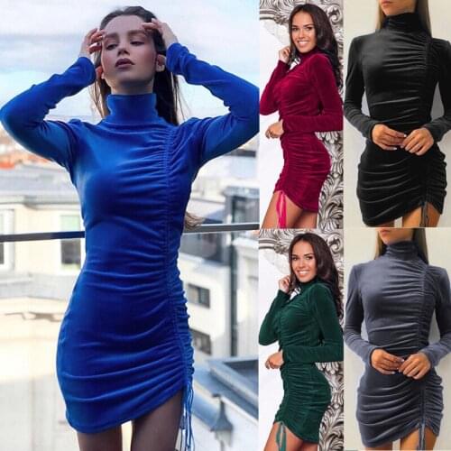 Fashion Turtleneck Velvet Long Sleeve Drawstring Ruched Spring And Autumn Dress Women Elegant Party Slim Mini Bodycon Dresses