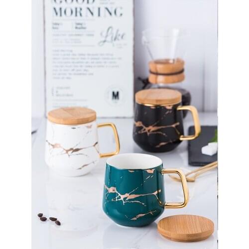 Gold Handle Marble Ceramic Mugs Porcelain Tea Coffee Child Breakfast Milk Cup With Spoon Saucer Lid Couple Friends Birthday Gift