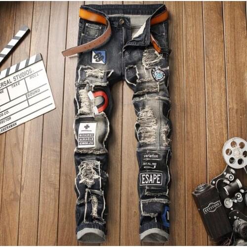 Retro original design new Europe trend man jeans mens pants Hole Patch elastic force Small straight feet pants elastic force