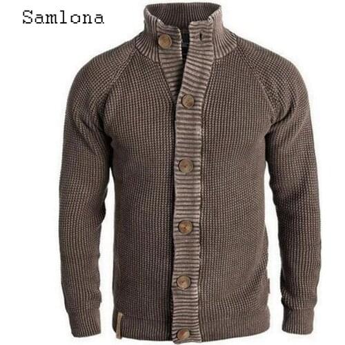 Samlona Plus Size Men Knitted Sweater Winter Warm Coats Mens Khaki Sweaters 2021 Single Breasted Top Cardigan Male Streetwear