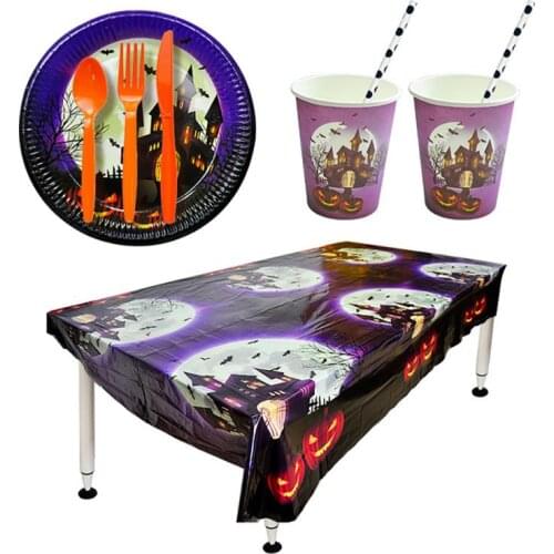 Halloween Party Disposable Tableware Set Party Table Decoration Paper Cups Plates Straws Table Cloth Lazy Party Supplies
