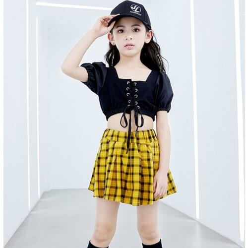 New! Hip Hop Clothes For Girls Dance Costume 2pcs Navel Top+Yellow Dance Skirt Black Bubble Sleeve Children Girls Jazz VDB374