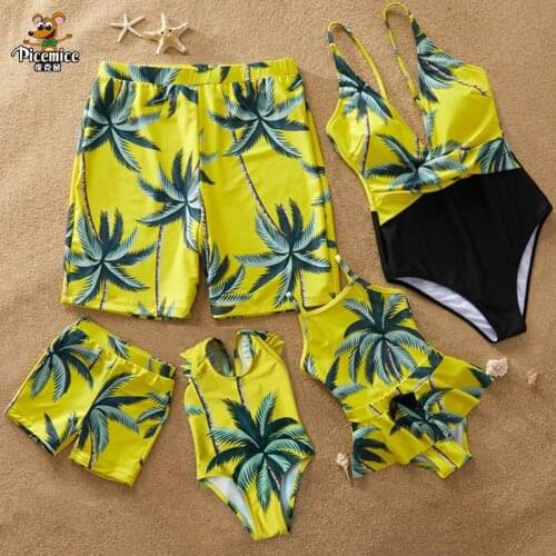Family Matching Swimwear Tropical Coconut Tree Print Beachwear Women Girl Mom Mother Daughter Swimsuit Men Boys Beach Shorts