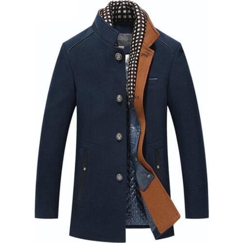Single Breasted Men Woolen Overcoats Casual Jacket High Quality New Winter Men Wool Blends Coat Scarf Collar Thick Trench Coat