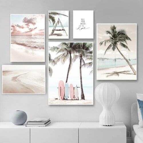 Sand Beach Wave Bird Surfboard Girl Tree Wall Art Canvas Painting Nordic Posters And Prints Wall Pictures For Living Room Decor