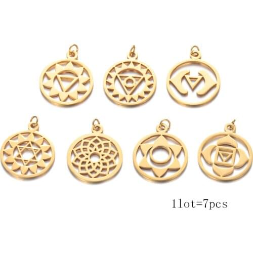 7pcs/Lot Gold Color Chakra Charms Mixed Meditation Pendants Hollow Chakra OM Buddhist Metal DIY Charms For Jewelry Making