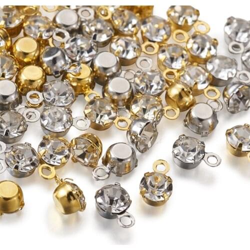 200pcs Crystal Birthstone Charms Tiny Round Clear Rhinestone Pendants 6.5x4mm for DIY Necklaces Bracelets Jewelry Crafts Making