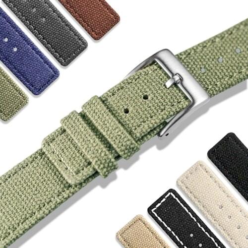 Hemsut Canvas Watch Bands Quick Release Green Stitches Two Pieces Fabric Watch Straps Heavy Duty Buckle 18mm 20mm 22mm