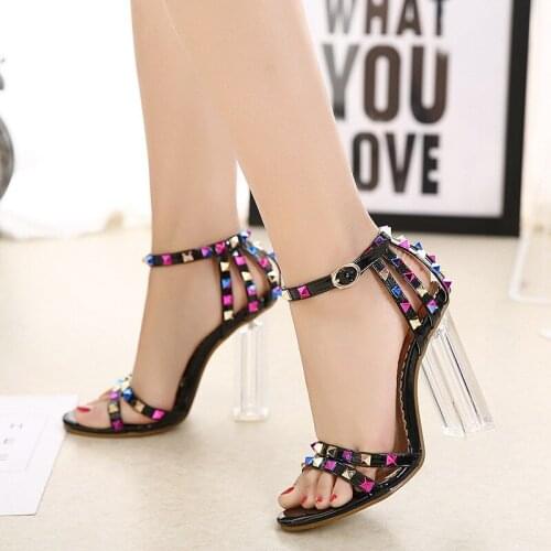 Luxury Shoes Women Designers High Heel Rivet Sandals Rome style 12cm Transparent heel Open Toe with Hollowed Colored Women Shoes