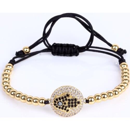 Charm Top Brand Fashion Men Jewelry Pave Setting CZ Hamsa Hand Connector & 4mm Round Bead Braiding Men Macrame Bracelet