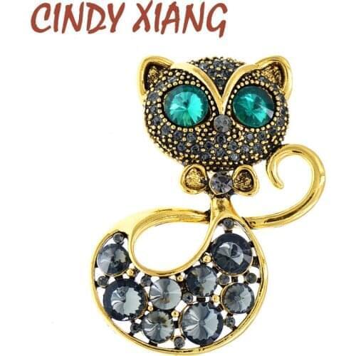 CINDY XIANG Rhinestone Black Cat Brooch Green Eye Kitty Pin Animal Design Brooches For Women Fashion Jewelry Vintage Style Gift