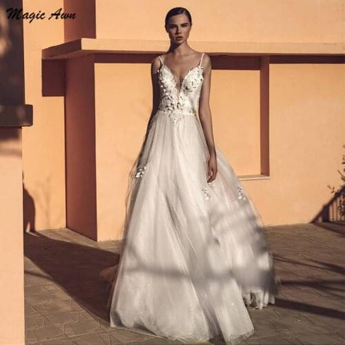 Magic Awn Shiny Boho Wedding Dresses 3D Appliques Backless Princess Satin Tulle Mariage Gowns A-Line Beach Robe De Mariée