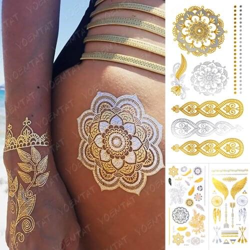 Waterproof Temporary Tattoo Sticker Metal Gold Silver Mandala Feather Butterfly Flash Tattoos Henna Body Art Fake Jewelry Tatoo