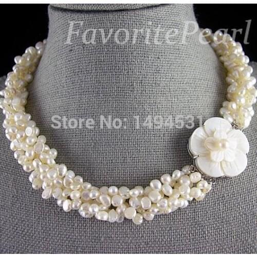 Pearl Necklace Five Rows 5.0-6.0mm White Color Freshwater Pearl Necklace Shell Flower Clasp Free Shipping